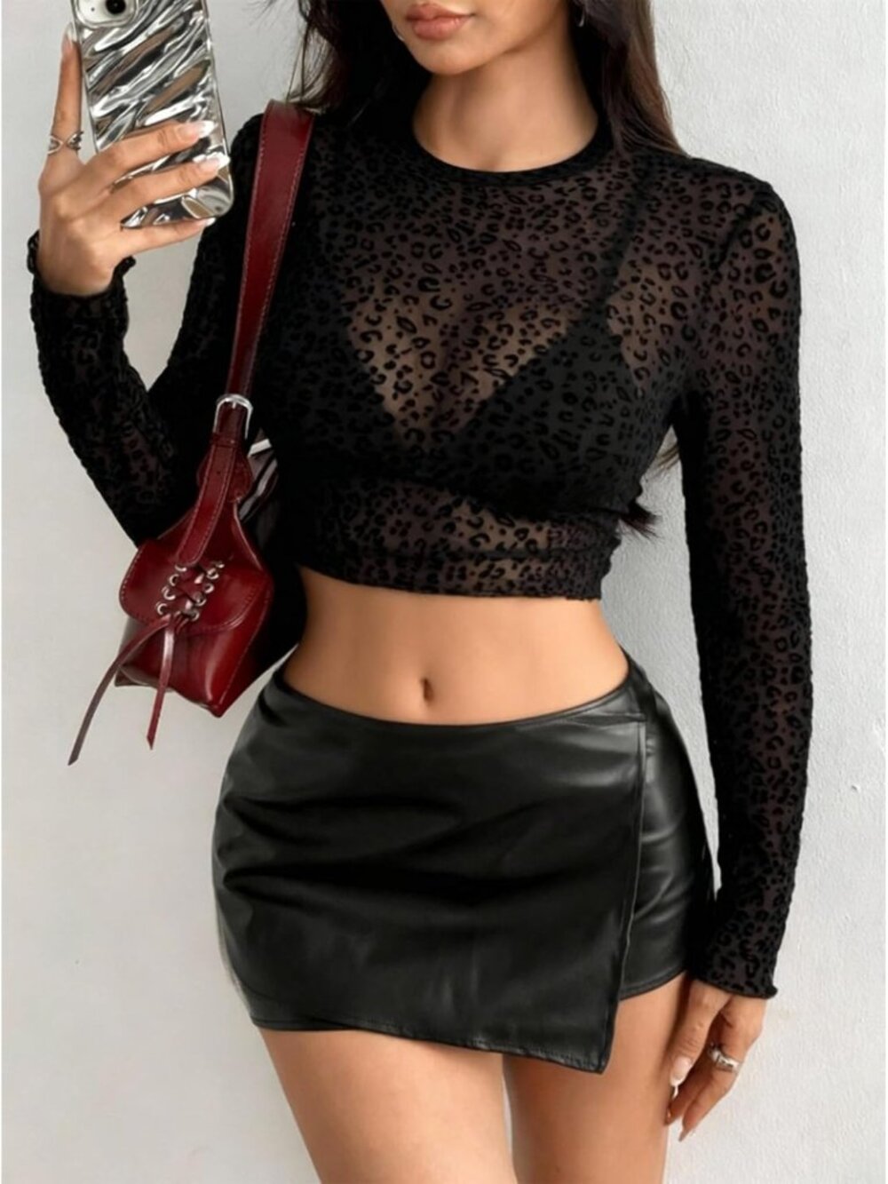 Women's D-Black Sexy Crop Top Mesh Long Sleeve See Through Clubwear Sheer - Picture 3 of 6